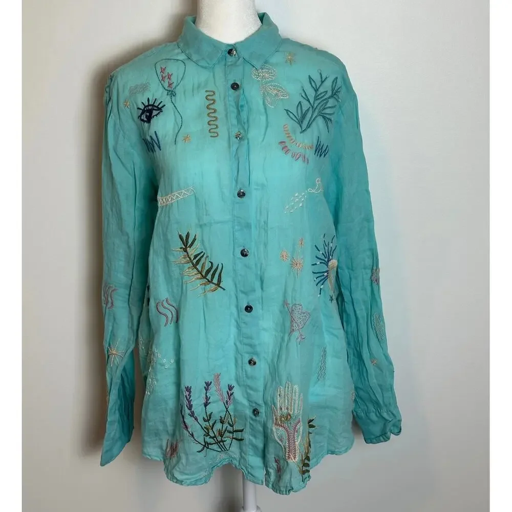 Johnny Was Embroidered Long Sleeve Button Down Shirt - Picture 2 of 13
